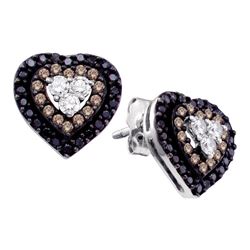 Round Brown Black Color Enhanced Diamond Heart Cluster Earrings 1/2 Cttw 14kt White Gold