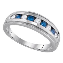 Round Blue Color Enhanced Diamond Wedding Anniversary Band Ring 1/2 Cttw 10kt Yellow Gold