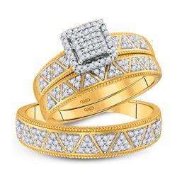 His & Hers Diamond Square Cluster Matching Bridal Wedding Ring Band Set 1/2 Cttw 10kt Yellow Gold