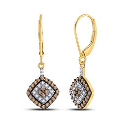 Round Brown Diamond Square Dangle Earrings 1/2 Cttw 10kt Yellow Gold