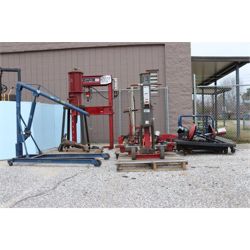 4 WHEEL DOLLY, OIL FILTER CRUSHER, OIL DRAIN ASSEMBLY,  GREASE PUMP, CRANE, HYDRAULIC JACKS,  Shop E