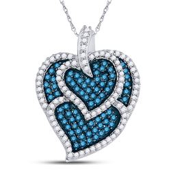 Round Blue Color Enhanced Diamond Tripled Heart Outline Pendant 1.00 Cttw 10kt White Gold