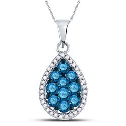 Round Blue Color Enhanced Diamond Teardrop Cluster Pendant 3/4 Cttw 10kt White Gold