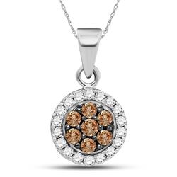 Round Brown Diamond Framed Flower Cluster Pendant 3/8 Cttw 10kt White Gold