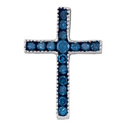 Round Blue Color Enhanced Diamond Small Cross Pendant 1/6 Cttw 10kt White Gold