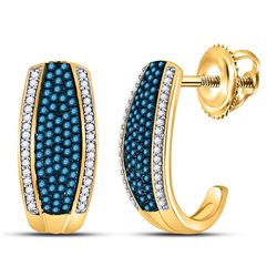 Round Blue Color Enhanced Diamond Half J Hoop Earrings 1/2 Cttw 10kt Yellow Gold