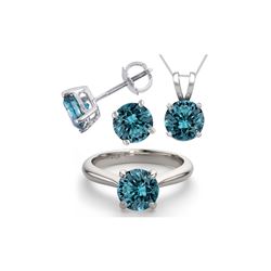 14K White Gold SET 4.0CTW Blue Diamond Ring, Earrings, Necklace - REF-678X7F