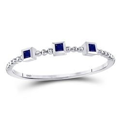 Blue Sapphire 3-Stone Beaded Stackable Band Ring 1/20 Cttw 10kt White Gold