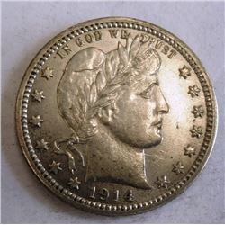 1914 BARBER QUARTER AU-58/UNC