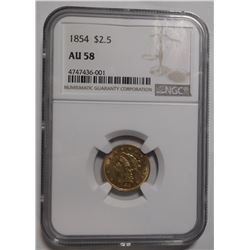 1854 $2.50 QUARTER EAGLE NGC AU-58