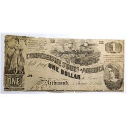 1862 CONFEDERATE $1.00 NOTE G/VG
