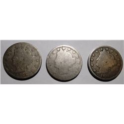 LOT OF 1885 FAIR, 1886 FAIR & 1912-S VG LIBERTY NICKELS (3 COINS)