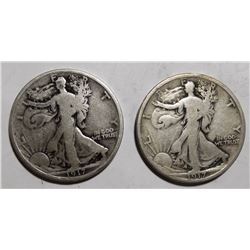 LOT OF TWO 1917 WALKING LIBERTY HALF DOLLARS VG (2 COINS)