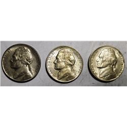 LOT OF 1942-S & TWO 1943-P JEFFERSON NICKELS GEM BU (3 COINS)