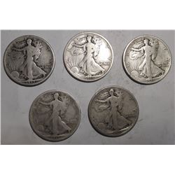 LOT OF FIVE 1917 WALKER HALF DOLLARS G/VG (5 COINS)