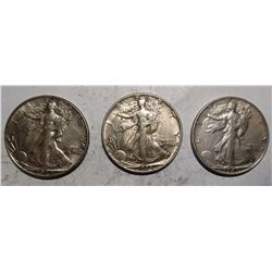 LOT OF 1942, 1945 & 1947 AU-58 WALKER HALF DOLLARS (3 COINS)