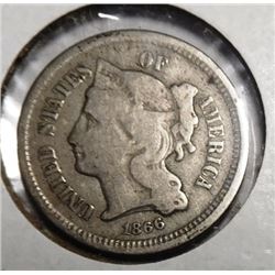 1866 THREE CENT NICKEL FINE