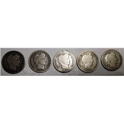 LOT OF FIVE MIXED DATE BARBER DIMES G/VG (5 COINS)