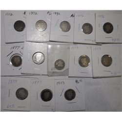 LOT OF THIRTEEN MIXED DATE 1890'S BARBER DIMES G/FINE (13 COINS)