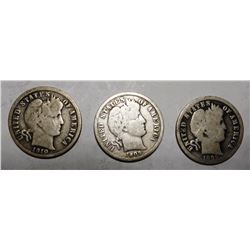 LOT OF 1899-O, 1909-O & 1910-S BARBER DIMES G/VG (3 COINS)