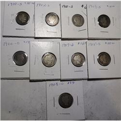 LOT OF NINE BETTER DATE BARBER DIMES G-F (9 COINS)