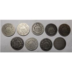 LOT OF NINE SHIELD NICKELS AVE. CIRC. (9 COINS)
