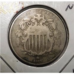 1867 NO RAYS SHIELD NICKEL VG