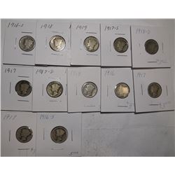 LOT OF TWELVE MIXED DATE 1910'S MERCURY DIMES G-F (12 COINS)