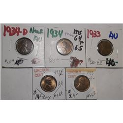 LOT OF FIVE HIGH GRADE 1930'S LINCOLN CENTS (5 COINS)