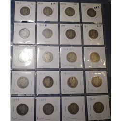 LOT OF TWENTY MIXED DATE BARBER QUARTERS G/VG (20 COINS)