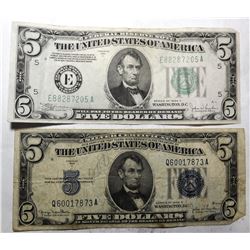 LOT OF TWO $5.00 1934-C & 1934-D SILVER CERTIFICATES G/VG (2 NOTES)