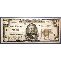 1929 FEDERAL RESERVE BANK OF NEW YORK, NY $50.00 NOTE XF