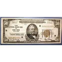 1929 FEDERAL RESERVE BANK OF NEW YORK, NY $50.00 NOTE XF