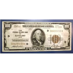 1929 FEDERAL RESERVE BANK OF CLEVELAND, OH $100.00 NOTE XF