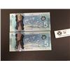 Image 2 : 2 Consecutive $5 Bank of Canada Notes. Newer Series