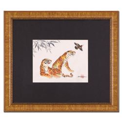 Caroline Young, "Relaxing" Framed Original Gouache Painting on Mother of Pearl Paper, Hand Signed wi