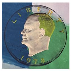 Steve Kaufman (1960-2010) "1978 Eisenhower Dollar" One of a kind Hand Painted Silkscreen on Canvas N