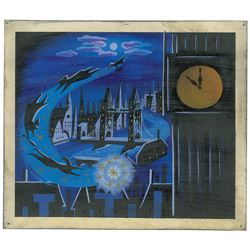 Mary Blair concept painting of Peter Pan, John, Wendy, Michael, and Tinker Bell from Peter Pan