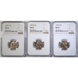 3- 1950-D JEFFERSON QUARTERS NGC MS-66