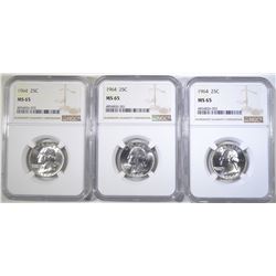 3-1964 WASHINGTON QUARTERS, NGC MS-65