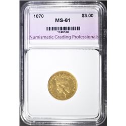 1870 $3.00 GOLD, NGP BU