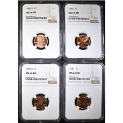 1987-P&D, 89-P&D LINCOLN CENTS, NGC MS-66 RED