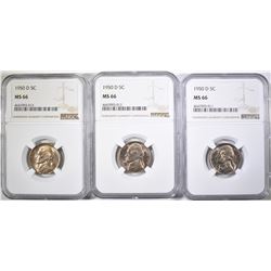 3-1950-D JEFFERSON NICKELS, NGC MS-66