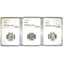 1953-P-D-S JEFFERSON NICKELS, NGC MS-66