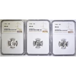 1946, 48 & 51 ROOSEVELT DIMES, NGC MS-66
