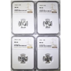 1951-P&S, 52-D&S ROOSEVELT DIMES, NGC MS-66