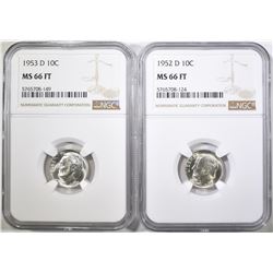 1952-D & 53-D ROOSEVELT DIMES, NGC MS-66 FT