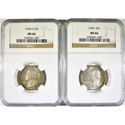 1958-P,D WASHINGINGTON QUARTERS NGC MS-66 COLOR