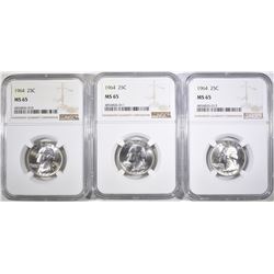 3-1964 WASHINGTON QUARTERS, NGC MS-65