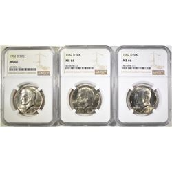 (3) 1982-D KENNEDY HALF DOLLARS  NGC MS-66
